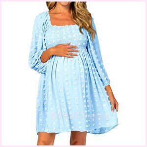 Long Sleeve Maternity Dress Square Neck Swiss Dot Casual Loose Mini